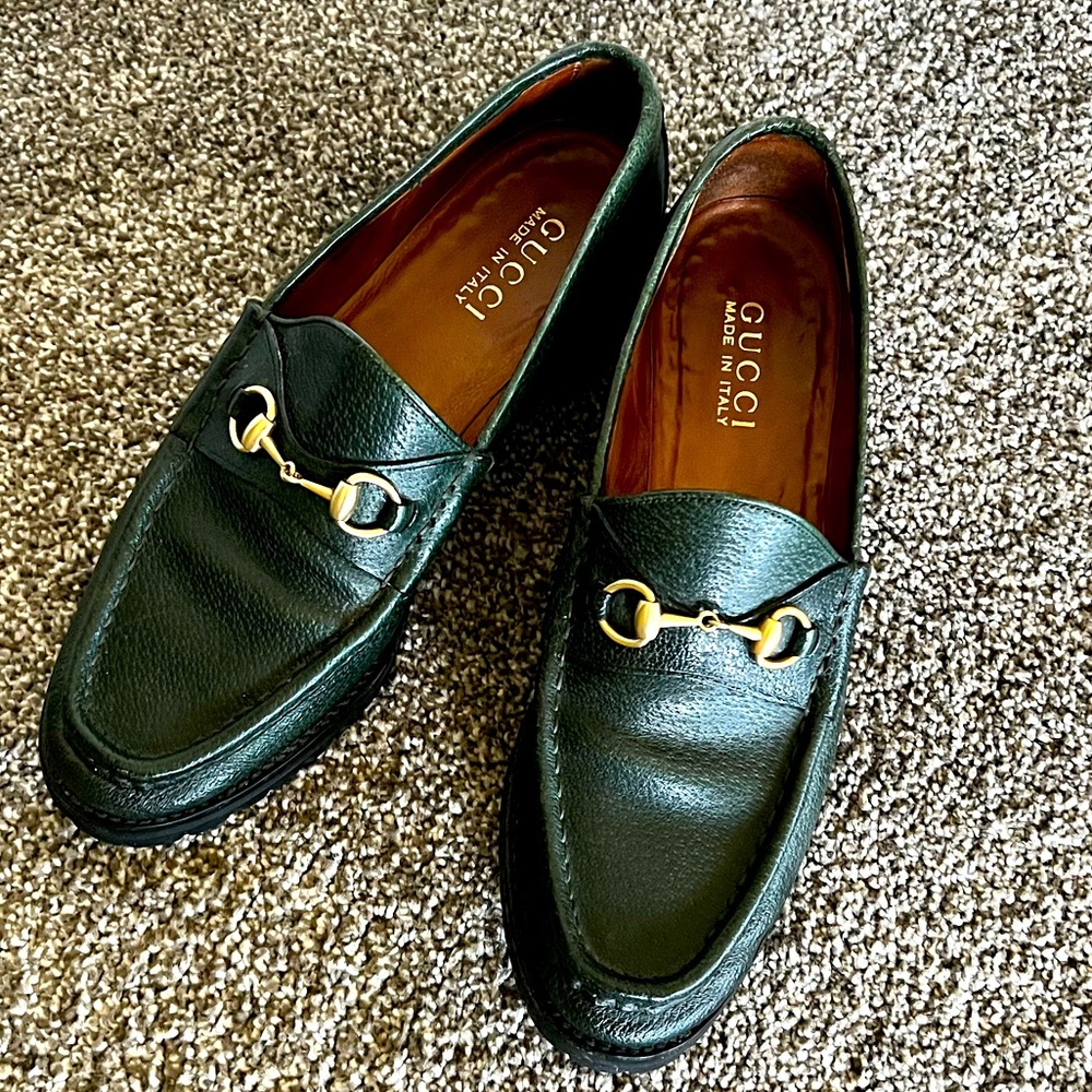 Gucci Green Leather Loafers with Gold Hardware